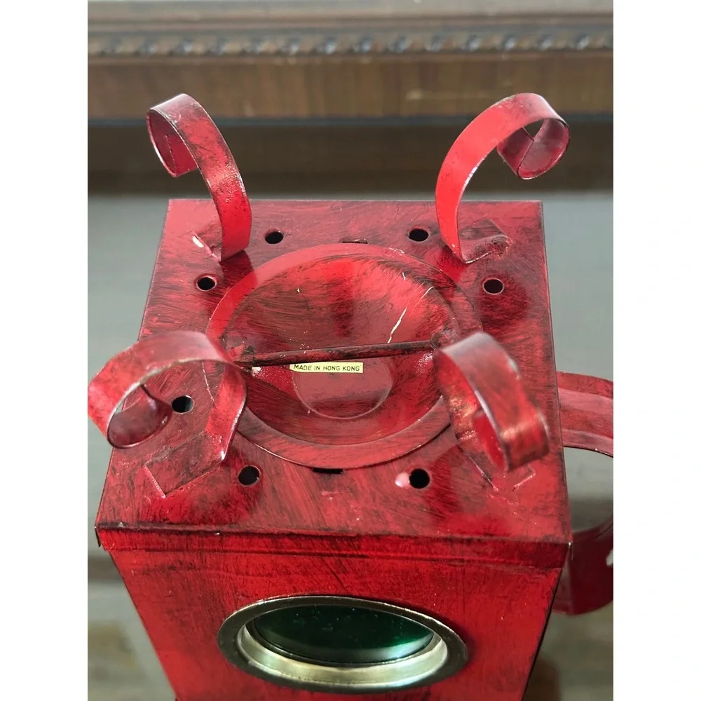 Vtg 9'' Red Metal Signal Lantern‎ Candle Holder Distressed Gold Leaf Hong Kong
